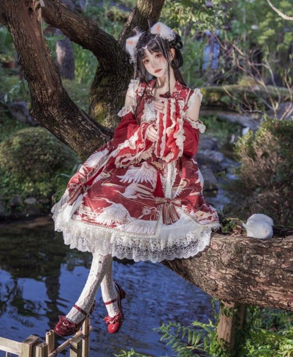 オープンショルダーウエストマークリボンチャイナテイストドレス - Belchic