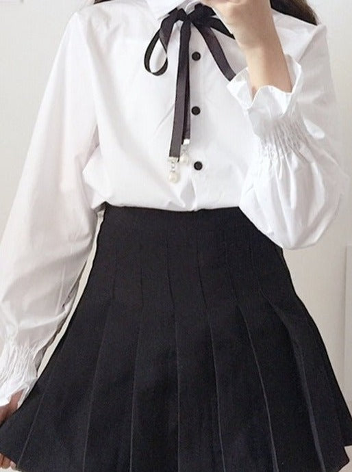 パールチャームリボンラッフルカフスシャツ - Belchic