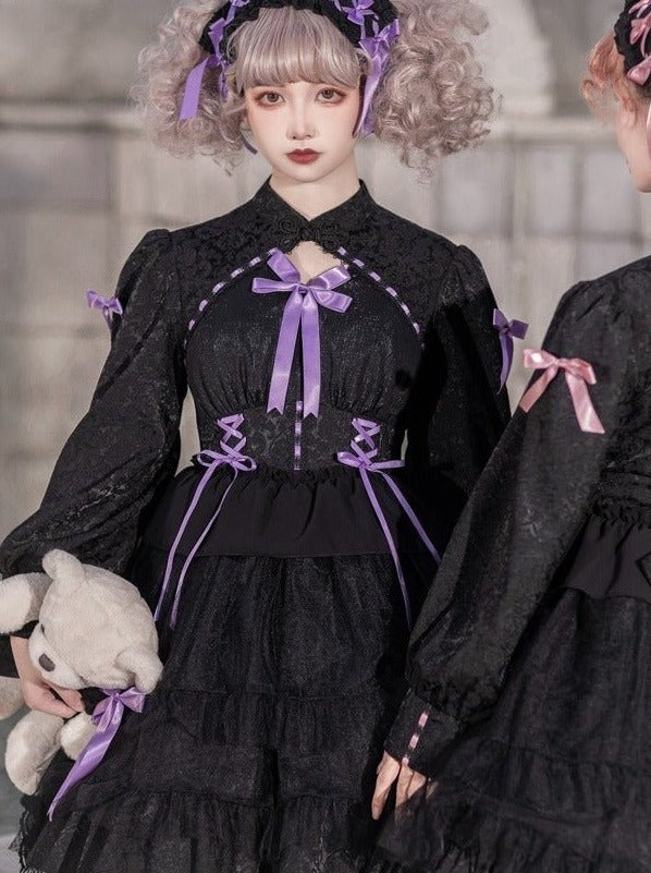 チャイナテイストボリュームスリーブティアードリボンドレス - Belchic