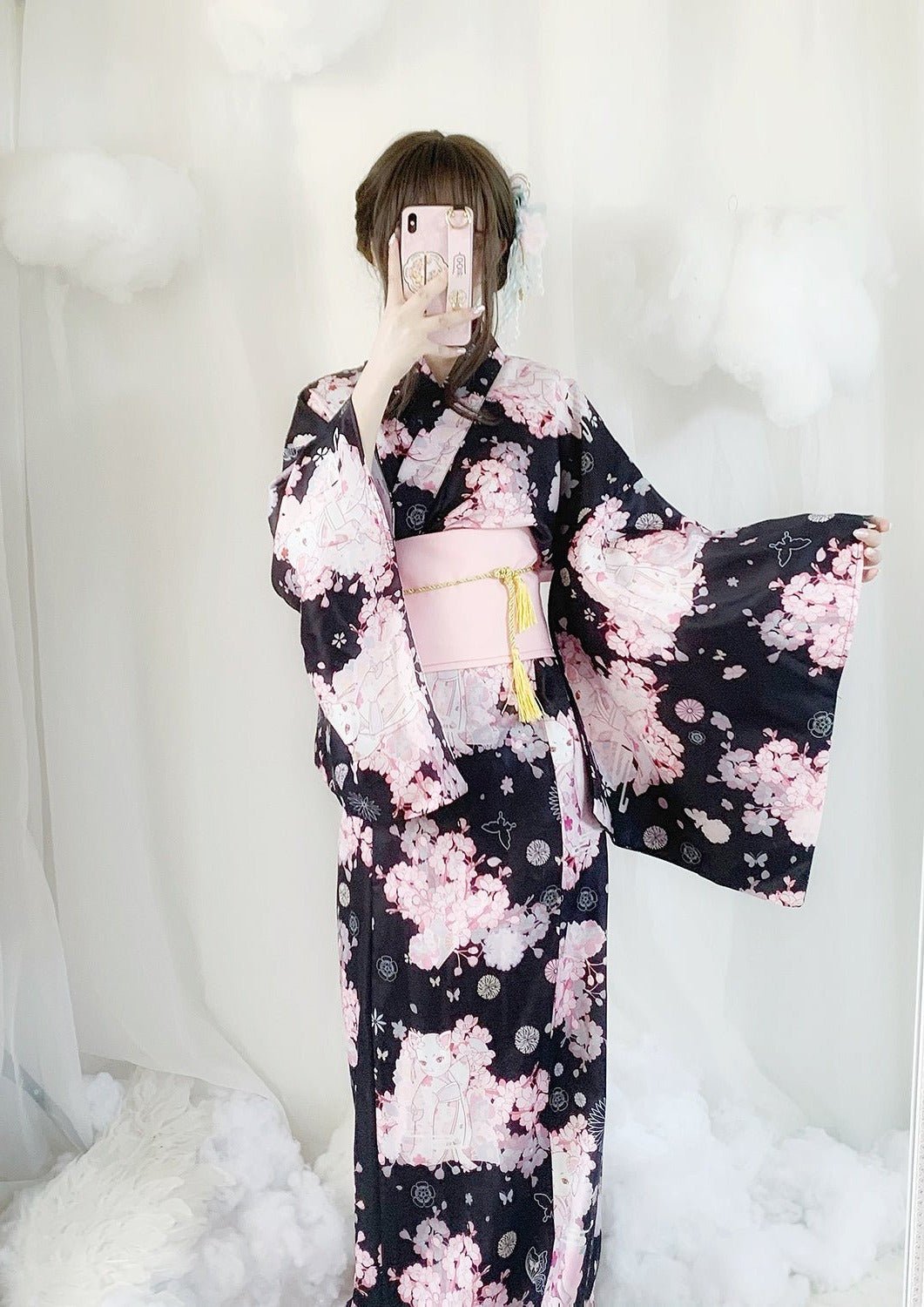超美品 浴衣セット 桜 ブラック 黒 レトロ 帯 着物・浴衣 - www 
