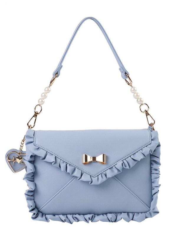 ハートストラップ付きリボンフリルバッグ - LilyBlack