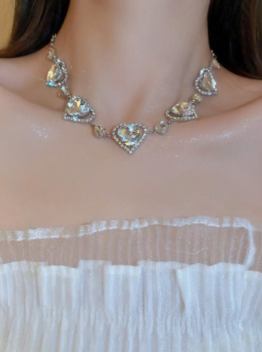 ハートジュエルチェーンチョーカーネックレス・ハートジュエルイヤリング - LilyBlack