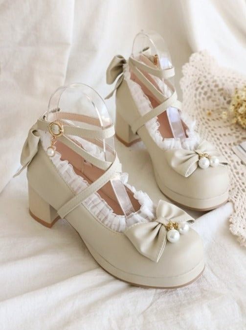 クロスストラップレースリボンパンプス - LilyBlack