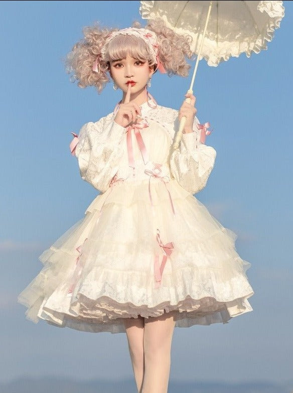 チャイナテイストボリュームスリーブティアードリボンドレス - Belchic