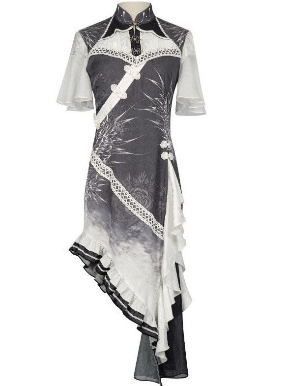 シアーベルスリーブアシメデザインフリルチャイナドレス＋ティアードフリルスカート【ドレス・セットアップ】 - Belchic