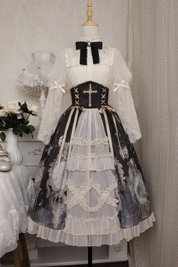 インナーキャミ付きパールリボンレースブラウス＋クロスレースアップレイヤードスカート - Belchic