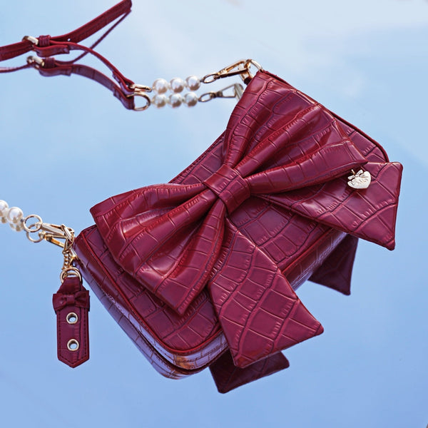 ハートチャームリボンバッグ【ショート&パールロングストラップ付き】 - LilyBlack