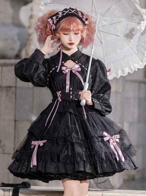 チャイナテイストボリュームスリーブティアードリボンドレス - Belchic