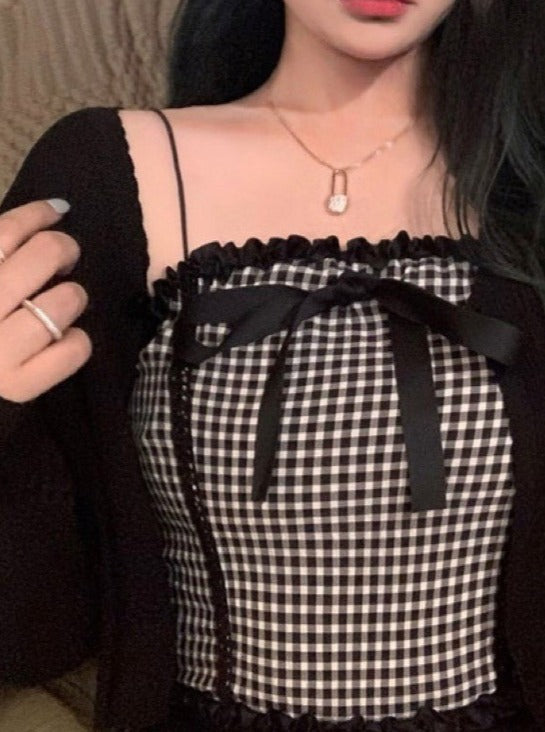 チェックリボンビスチェ＋ショールカーディガン - LilyBlack