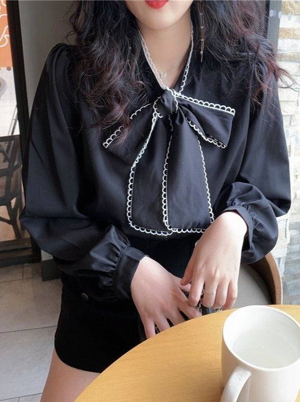 ビッグリボンステッチブラウス - LilyBlack