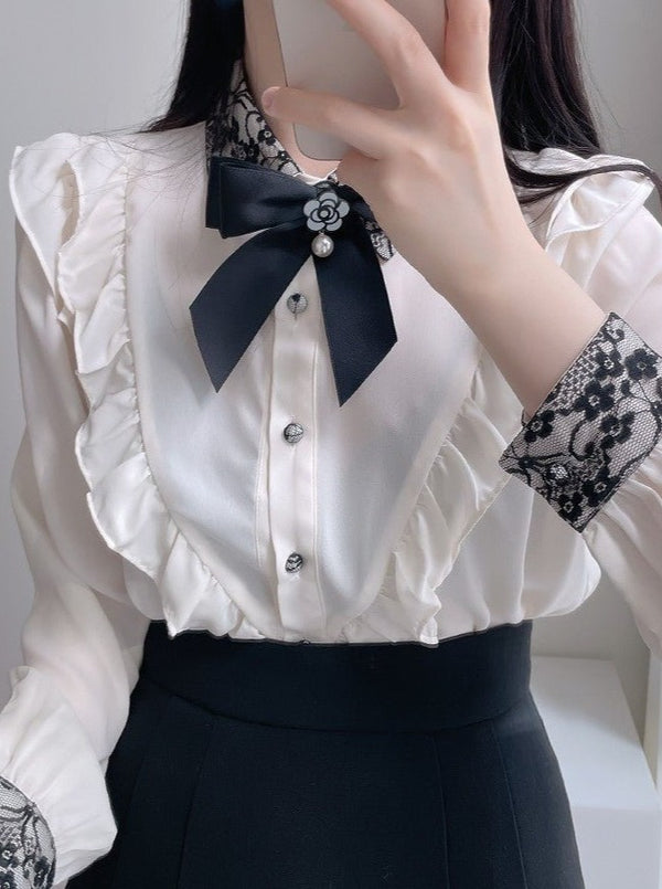 リボン付きフリルショルダークラシックブラウス - Belchic