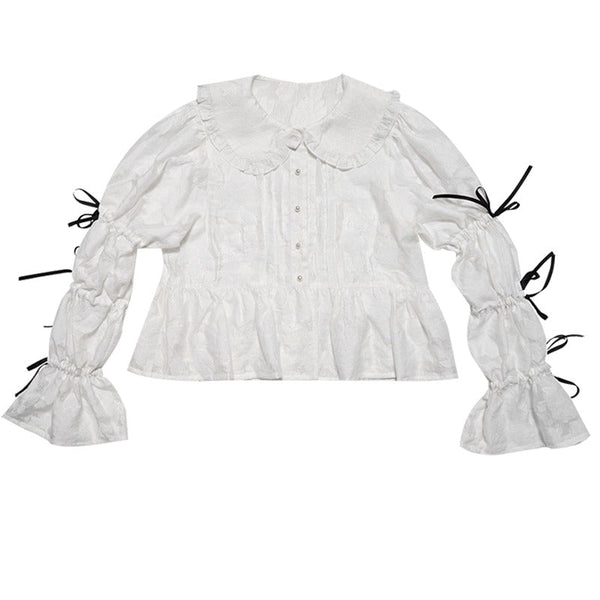 フリルカラーリボンキャンディスリーブシアーフラワーブラウス - LilyBlack