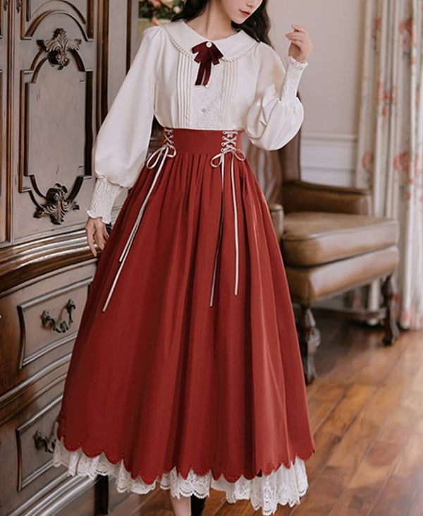 レトロリボンブラウス＋コルセットレーススカート - Belchic