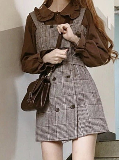 レトロフリルカラーシャツ＋チェックジャンパースカート - Belchic