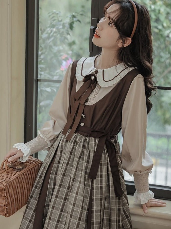 Ruffle Collar Lantern Sleeve Plaid Layered Dress with Bow Belchic Ruffle Collar Lantern Sleeve Plaid Layered Dress with Bow Belchic