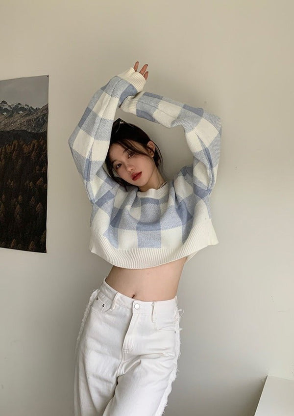 チェッククロップドニットセーター - LilyBlack