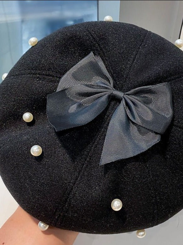 パールリボンウールベレー帽 - LilyBlack