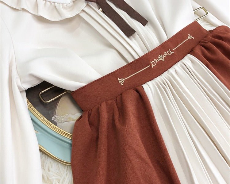 リボン付きフリルカラータックブラウス＋フラワー刺繍スカート - Belchic