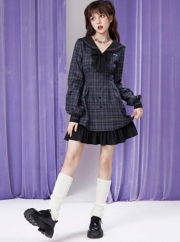 リボンセーラーチェックレイヤードワンピース - LilyBlack