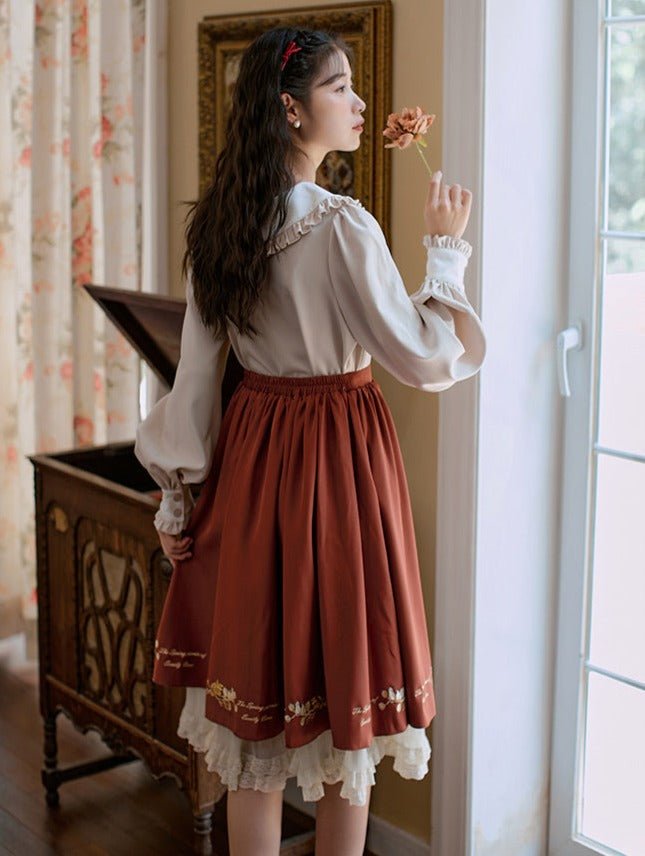 リボン付きフリルカラータックブラウス＋フラワー刺繍スカート – Belchic