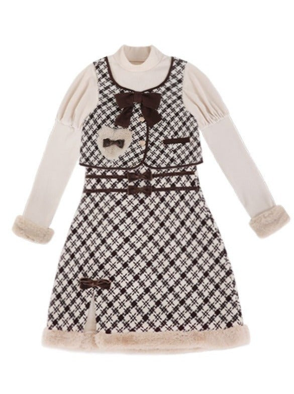 フロントリボンチェックハートベスト＋ボアリボンスリットサススカート - LilyBlack