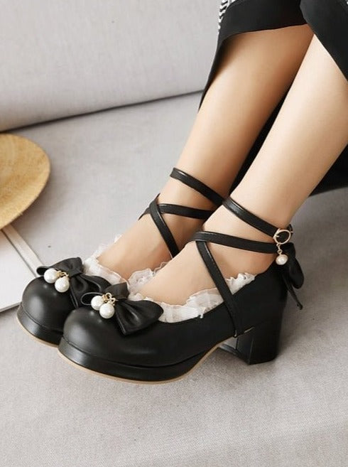 クロスストラップレースリボンパンプス - LilyBlack