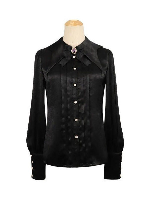 ジュエルリボンポインテッドカラーブラウス＋月夜レースワンピース - Belchic