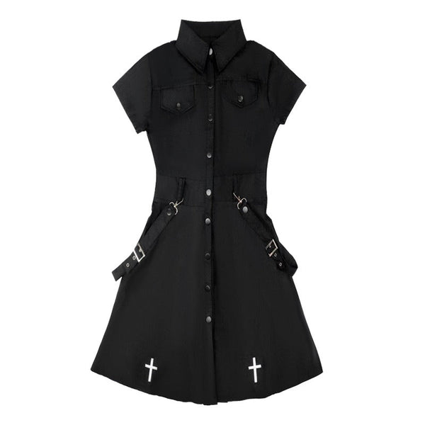 クロス刺繍ショルダーストラップシャツワンピース - Belchic