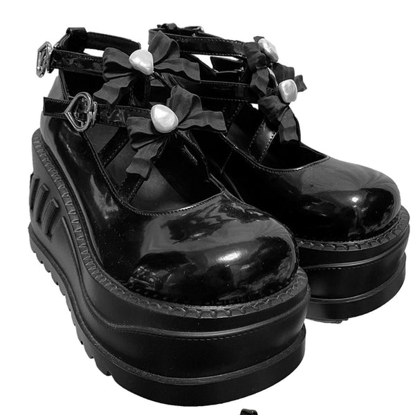 クロスリボンストラップウェッジソールシューズ - LilyBlack