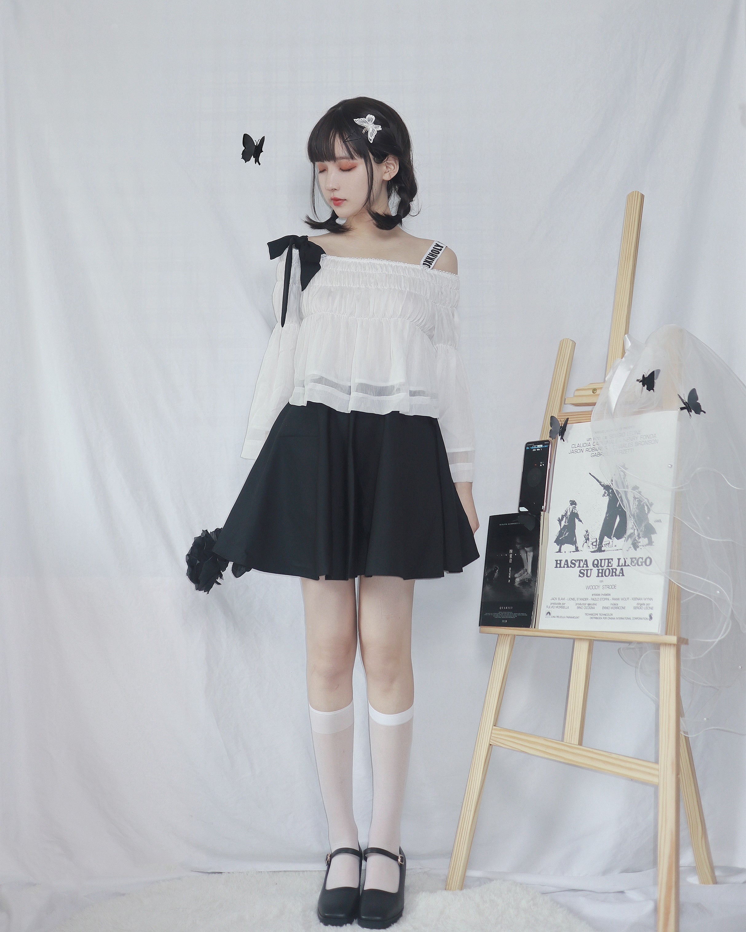 Off-the-shoulder logo & ribbon shirring top + logo lace-up skirt