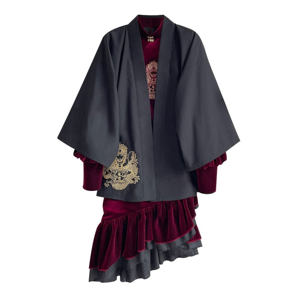 アシメフリルベルベットドラゴンチャイナドレス＋羽織 - Belchic