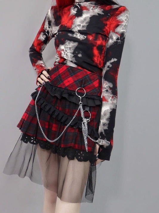 チェーンストラップレースシフォンハングダウンプリーツスカート - Belchic