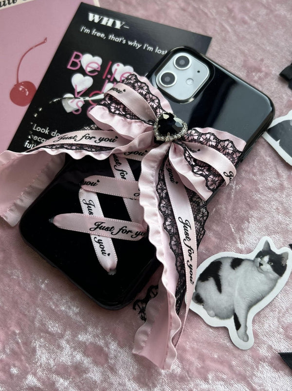 ブラックハートロゴレースアップスマホケース - LilyBlack