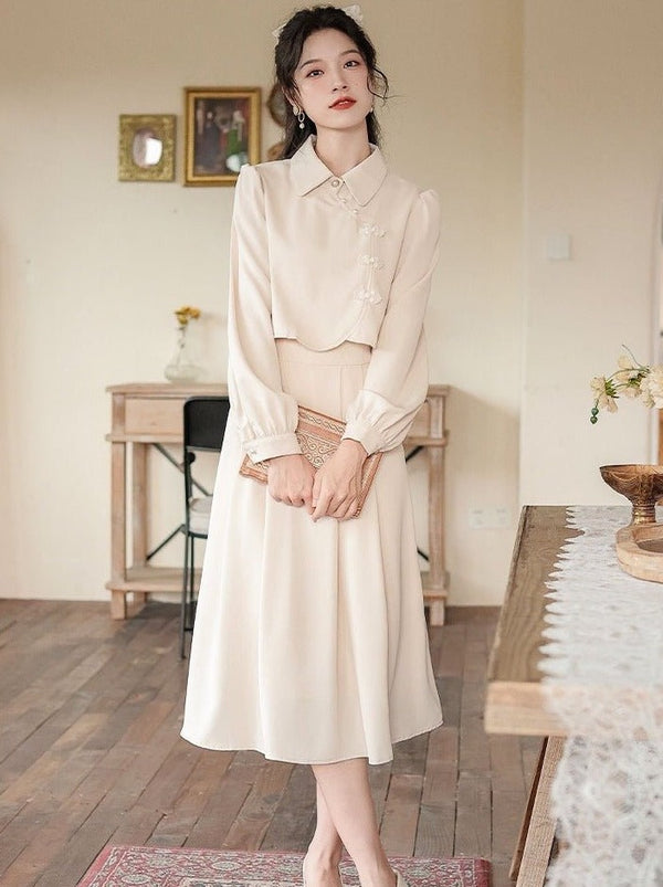 チャイナテイストボリュームスリーブバックリボンレイヤードワンピース - Belchic