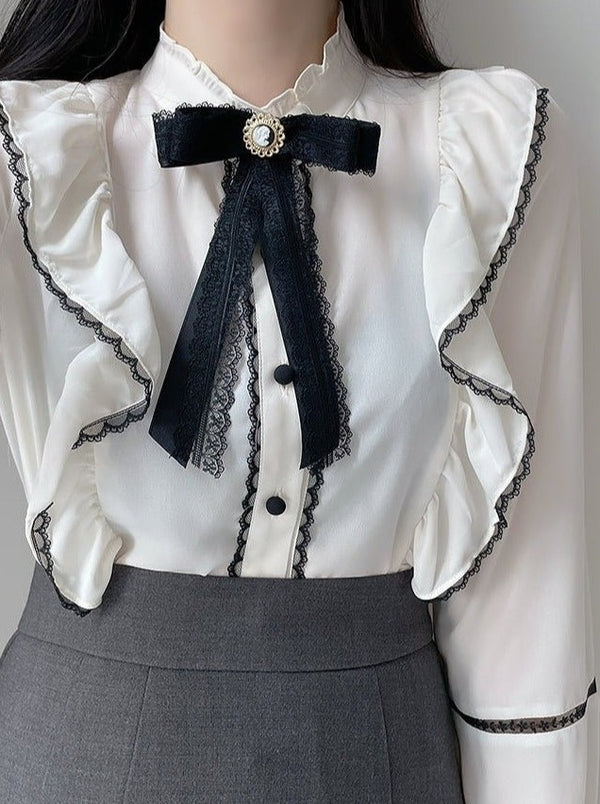 リボン付きフリルスタンドカラーラッフルブラウス - LilyBlack