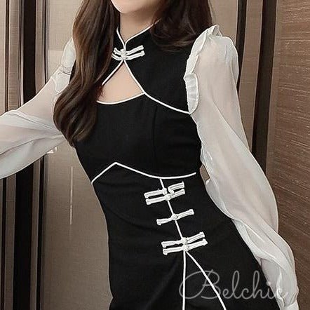 シフォンスリーブドッキングチャイナワンピース - Belchic
