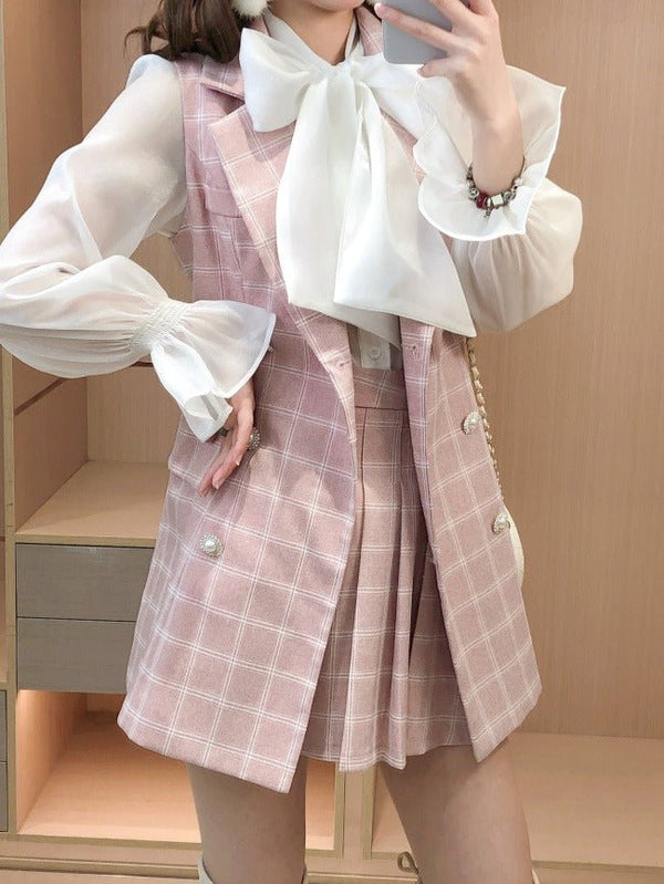 シアーリボンブラウス＋チェックダブルベスト＋プリーツスカート - LilyBlack