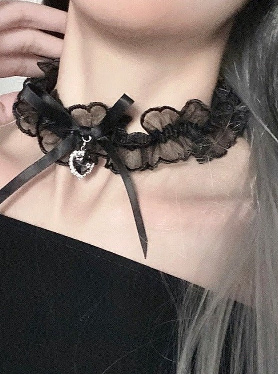 シフォンレースジュエルリボンチョーカーネックレス - LilyBlack