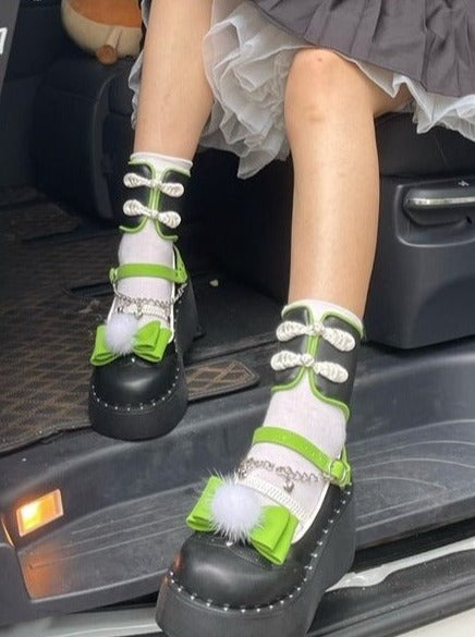 バックレースアップアンクルベルト＋チェーンストラップファーリボンロリータシューズ - Belchic