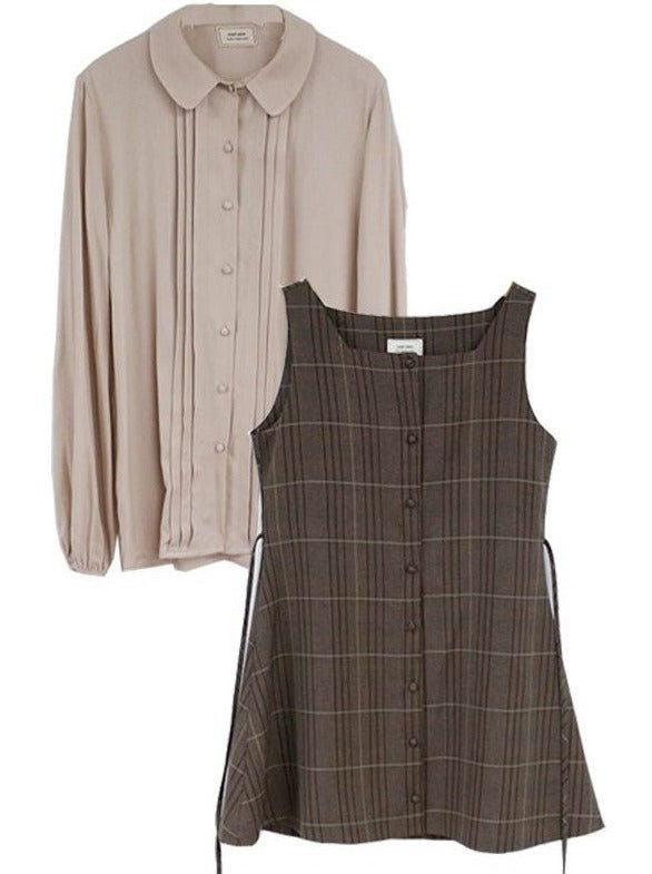 フロントプリーツシャツ＋チェックジャンパースカート - Belchic