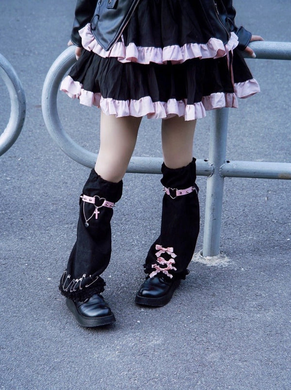 クロススタッズベルトリボンサブカルレッグウォーマー - Belchic