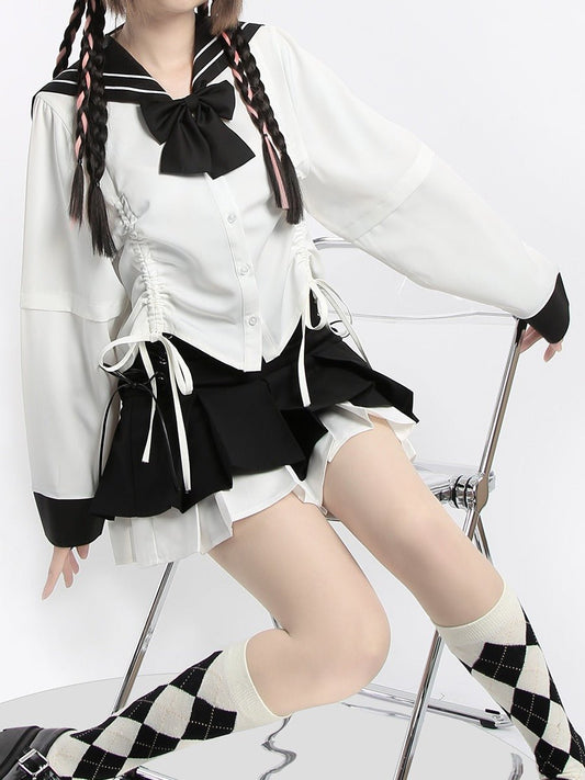 リボン付きボリュームスリーブドロストセーラーシャツ - LilyBlack