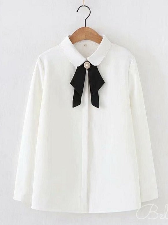 フライフロントプレーンシャツ＋パールビジューリボン - Belchic