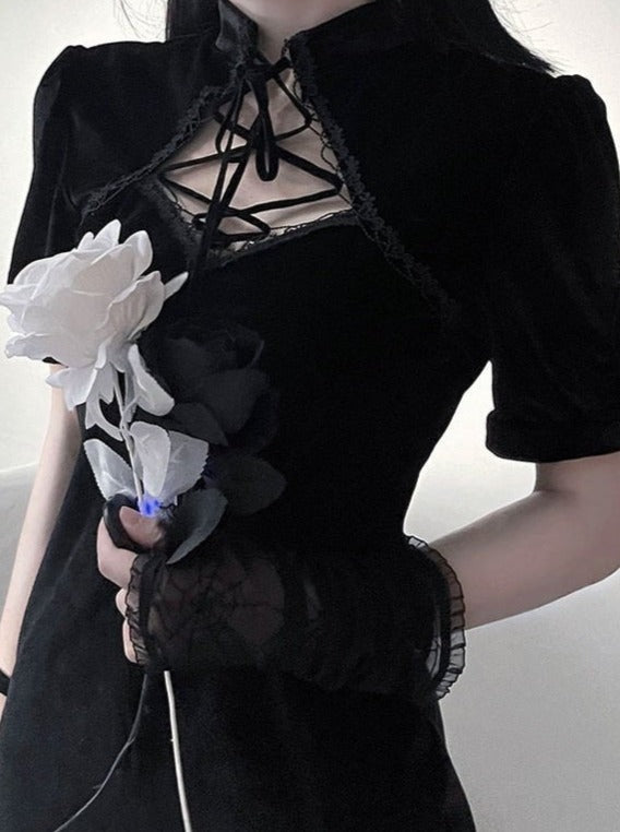 編み上げリボンチャイナドレス - LilyBlack