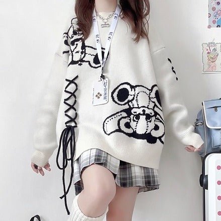 ドロップショルダーレースアップベアニットセーター - LilyBlack