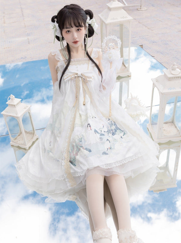 フリルショルダーリボンレイヤードドレス＋パールタッセルチャイナショールジャケット - Belchic