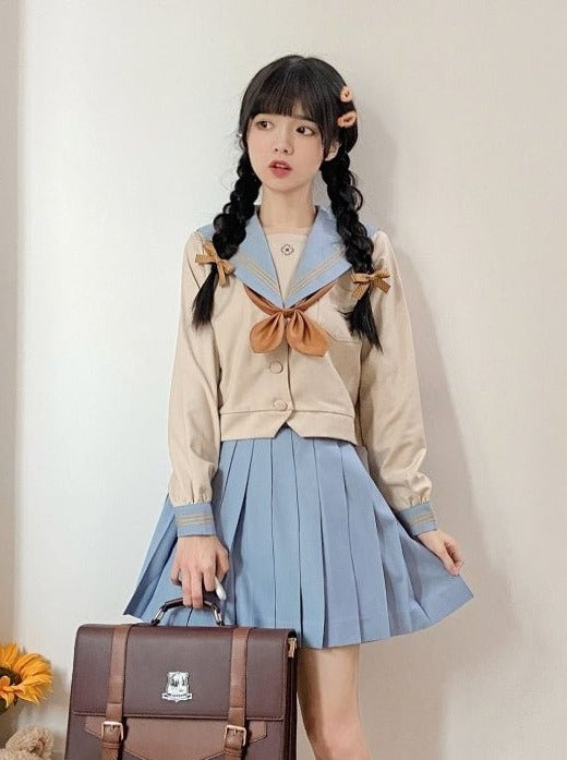 ラインカラーセーラーシャツ＋プリーツスカート - LilyBlack