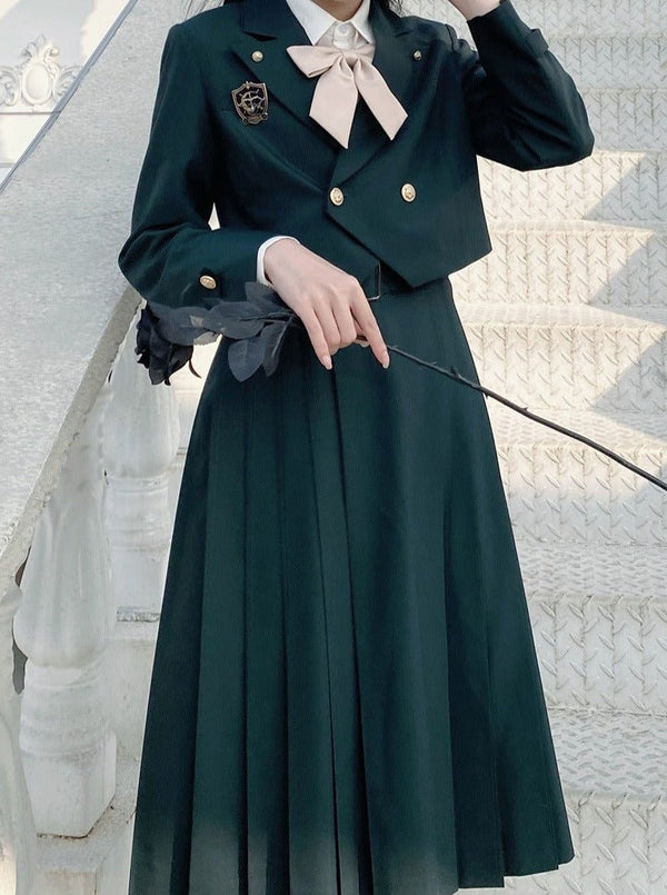 ショートジャケット＋リボン付きブラウス＋ベルト付きジャンバースカート・ショートジャケット＋リボン付きブラウス＋サスワンピース - LilyBlack