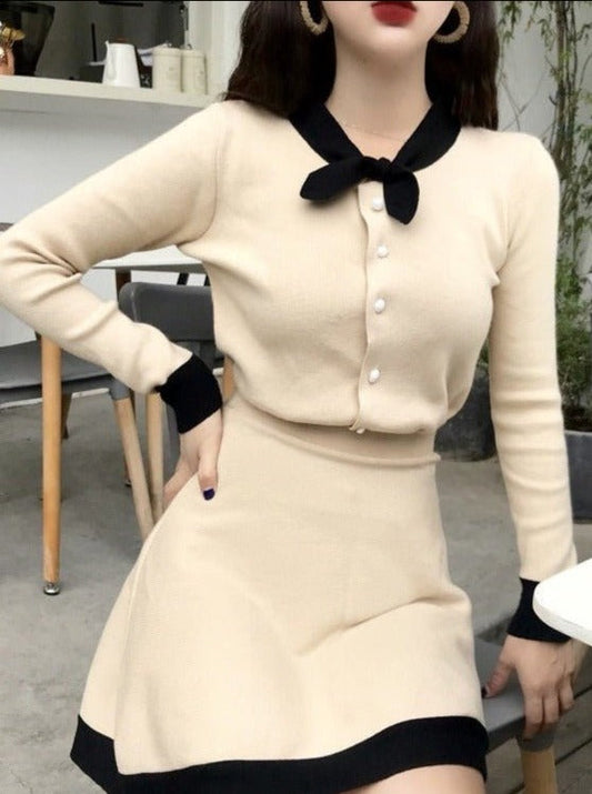 バイカラーボウタイニットトップス＋スカート - LilyBlack