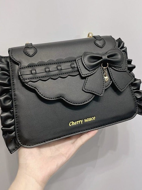 サイドフリルハートリボンフラップバッグ - LilyBlack